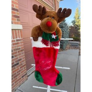Vintage Reindeer Christmas Stocking Plush Oversized Santa Sack Decor